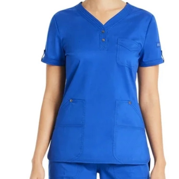 Nwt Dickies Women's V-Neck Blue snap front scrub top - Picture 1 of 6